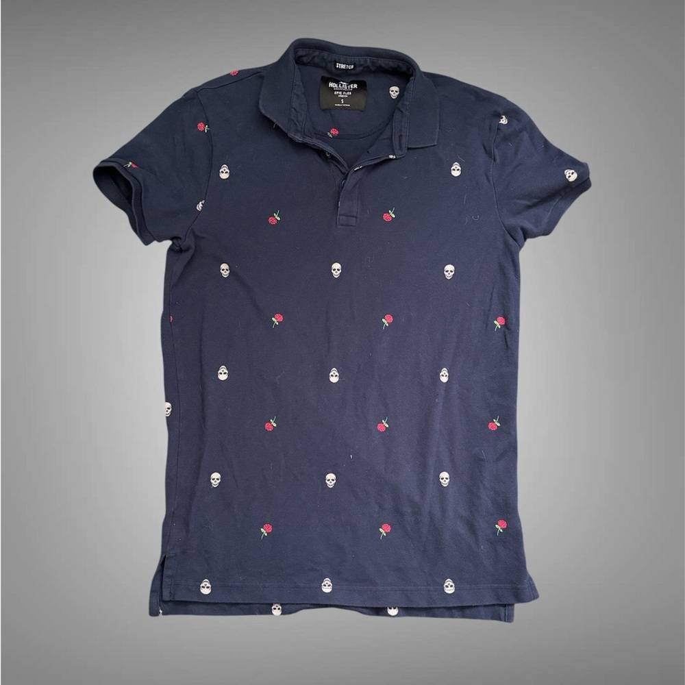 Hollister navy Blue Polo with Skull and Rose Design